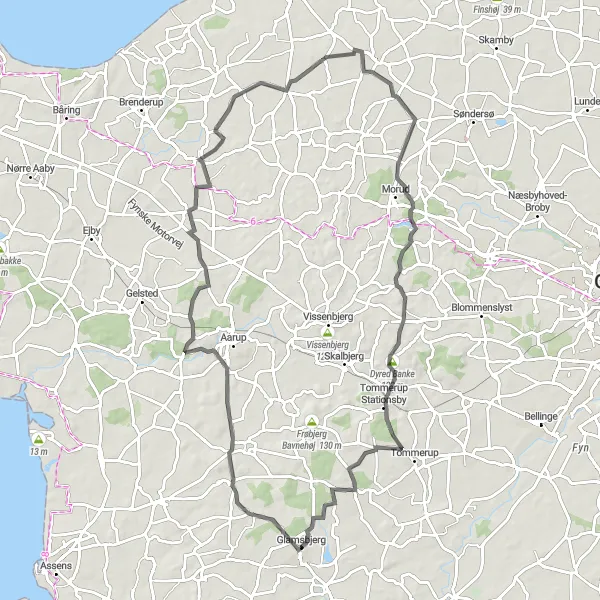 Map miniature of "Aarup to Holte Loop" cycling inspiration in Syddanmark, Denmark. Generated by Tarmacs.app cycling route planner