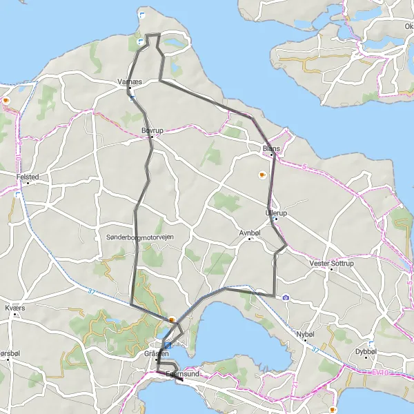 Map miniature of "Bovrup Road Adventure" cycling inspiration in Syddanmark, Denmark. Generated by Tarmacs.app cycling route planner