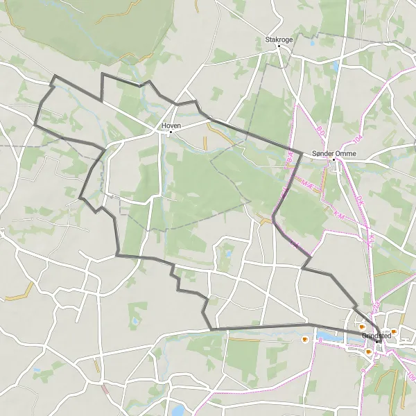 Map miniature of "Discovering Syddanmark: Grindsted to Nollund" cycling inspiration in Syddanmark, Denmark. Generated by Tarmacs.app cycling route planner