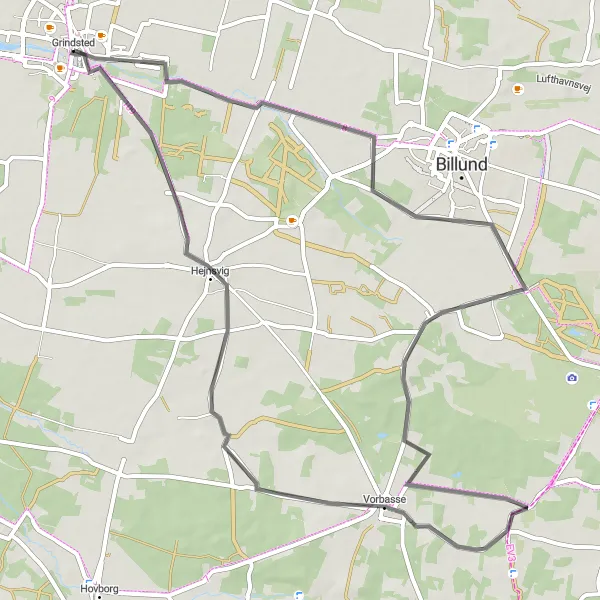 Map miniature of "Scenic Grindsted to Hejnsvig Road Cycling Route" cycling inspiration in Syddanmark, Denmark. Generated by Tarmacs.app cycling route planner