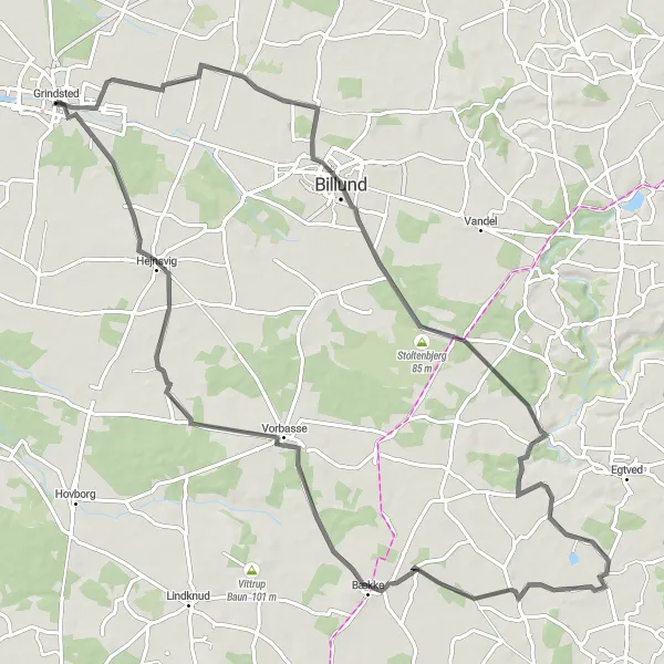 Map miniature of "Picturesque Grindsted to Hejnsvig Scenic Road Cycling Route" cycling inspiration in Syddanmark, Denmark. Generated by Tarmacs.app cycling route planner