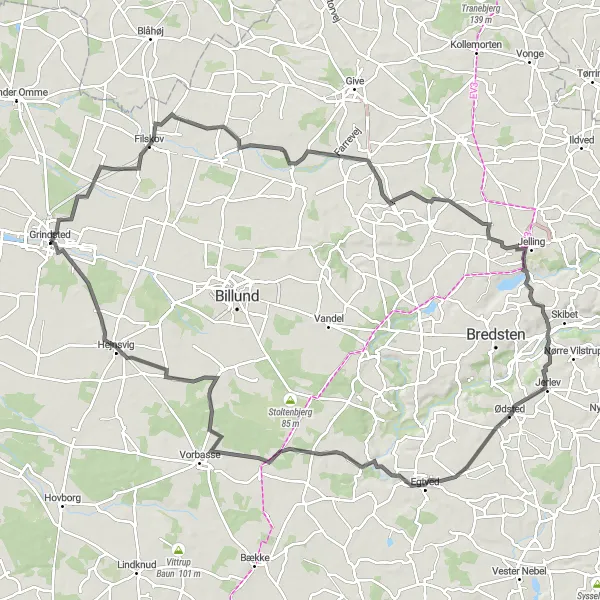 Map miniature of "Challenge and Majesty: Grindsted to Jelling" cycling inspiration in Syddanmark, Denmark. Generated by Tarmacs.app cycling route planner