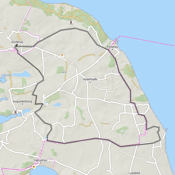 Map miniature of "Guderup Loop" cycling inspiration in Syddanmark, Denmark. Generated by Tarmacs.app cycling route planner