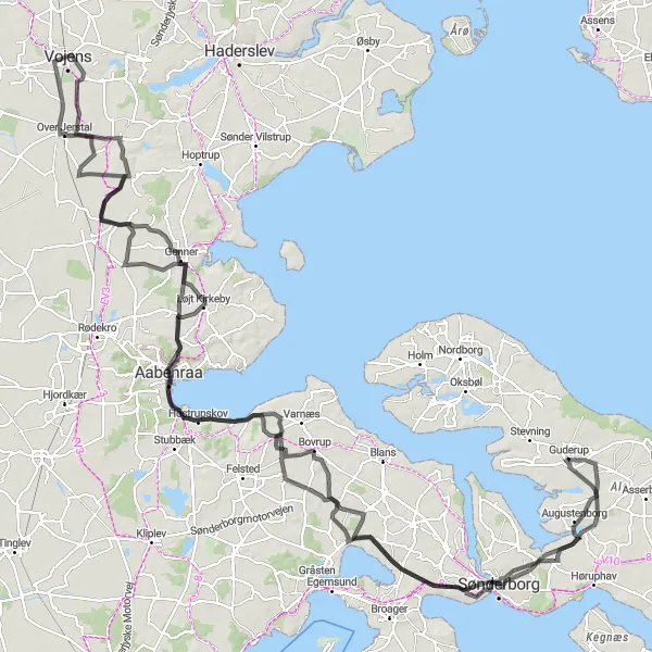 Map miniature of "Augustenborg to Guderup Epic Ride" cycling inspiration in Syddanmark, Denmark. Generated by Tarmacs.app cycling route planner