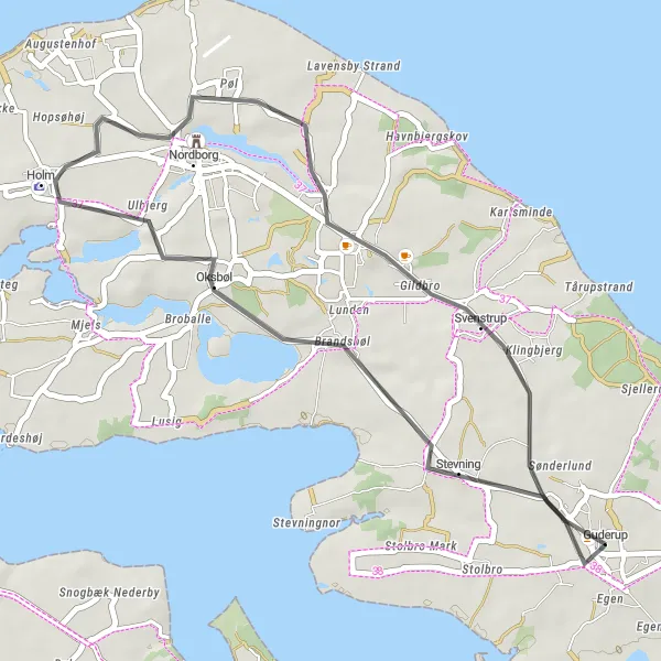 Map miniature of "Stevning to Guderup Ride" cycling inspiration in Syddanmark, Denmark. Generated by Tarmacs.app cycling route planner