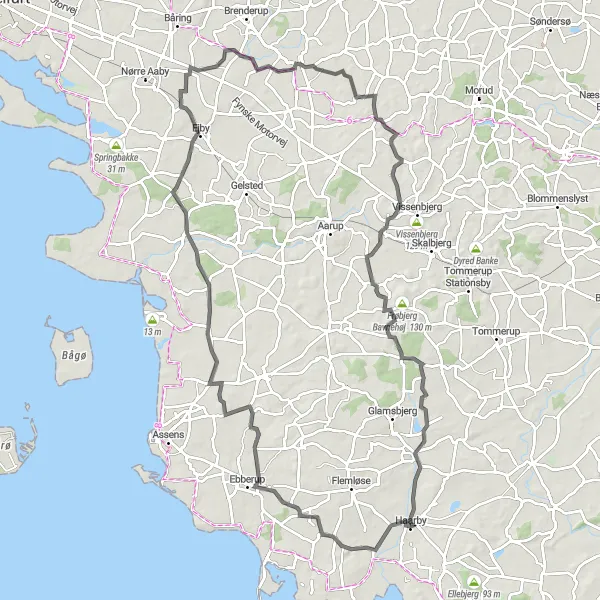 Map miniature of "Haarby to Harndrup" cycling inspiration in Syddanmark, Denmark. Generated by Tarmacs.app cycling route planner