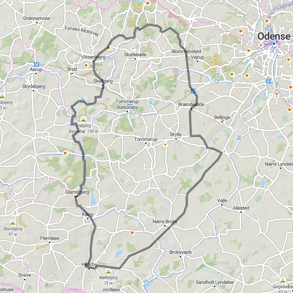 Map miniature of "Haarby to Knappen" cycling inspiration in Syddanmark, Denmark. Generated by Tarmacs.app cycling route planner