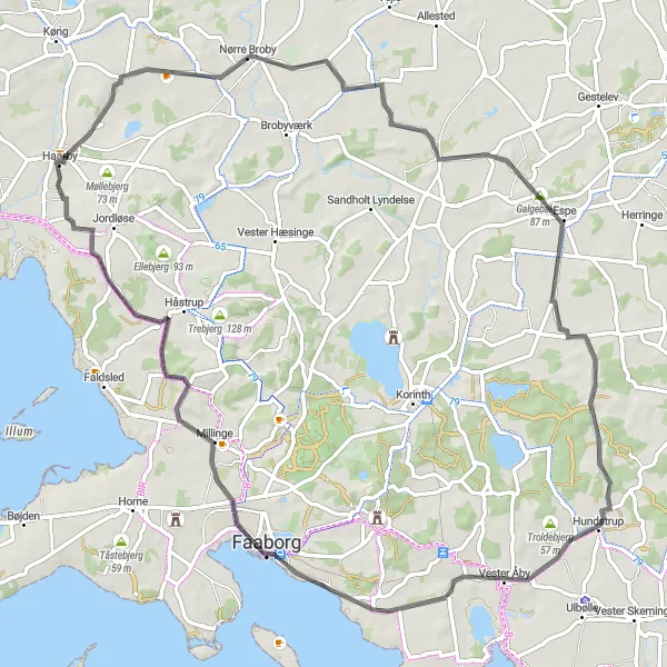 Map miniature of "Haarby Scenic Road Cycling Route" cycling inspiration in Syddanmark, Denmark. Generated by Tarmacs.app cycling route planner
