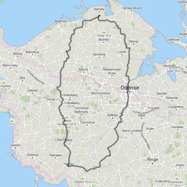 Map miniature of "Glamsbjerg Adventure Road Cycling Route" cycling inspiration in Syddanmark, Denmark. Generated by Tarmacs.app cycling route planner