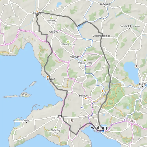 Map miniature of "Haarby to Faaborg Scenic Road Cycling Route" cycling inspiration in Syddanmark, Denmark. Generated by Tarmacs.app cycling route planner