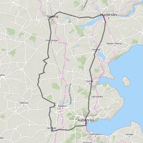 Map miniature of "Hjordkær to Aabenraa" cycling inspiration in Syddanmark, Denmark. Generated by Tarmacs.app cycling route planner