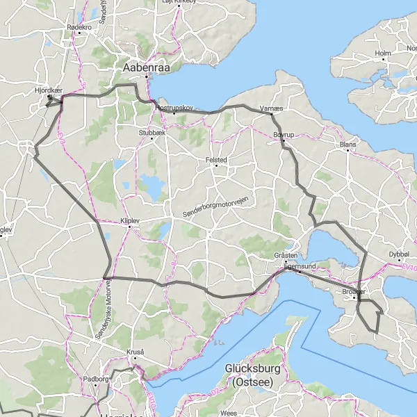 Map miniature of "Hjordkær to Bolderslev Loop" cycling inspiration in Syddanmark, Denmark. Generated by Tarmacs.app cycling route planner