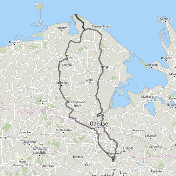 Map miniature of "Discovering the Beauty of Odense and Surroundings" cycling inspiration in Syddanmark, Denmark. Generated by Tarmacs.app cycling route planner