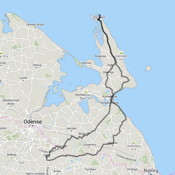 Map miniature of "Kerteminde Coastal Adventure" cycling inspiration in Syddanmark, Denmark. Generated by Tarmacs.app cycling route planner