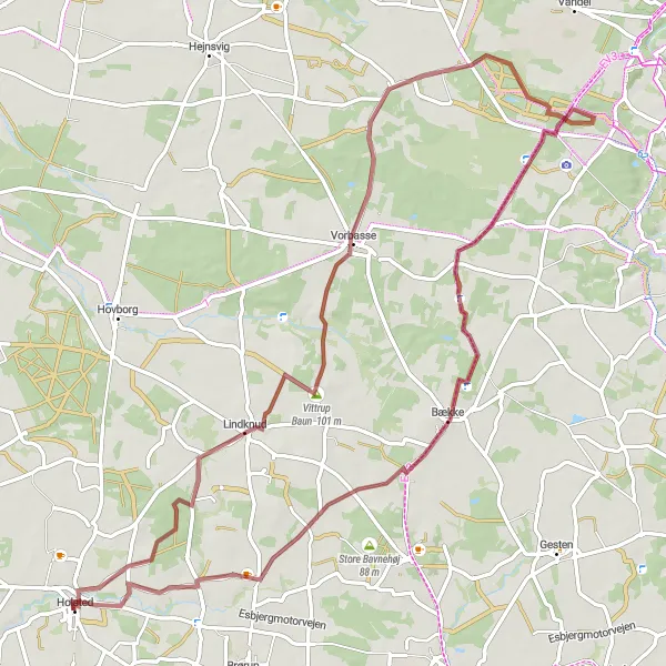 Map miniature of "Lindknud to Bække Gravel Adventure" cycling inspiration in Syddanmark, Denmark. Generated by Tarmacs.app cycling route planner