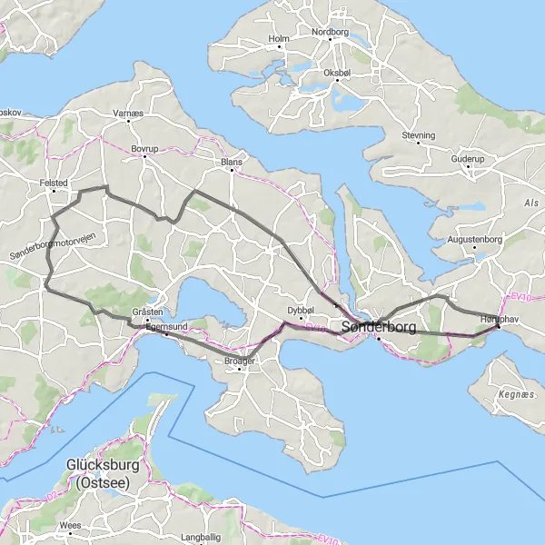 Map miniature of "Coastal Charm" cycling inspiration in Syddanmark, Denmark. Generated by Tarmacs.app cycling route planner