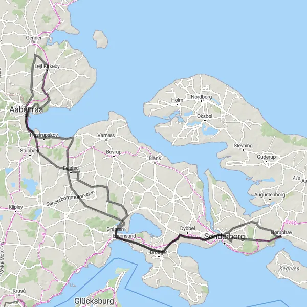 Map miniature of "Gråsten and Aabenraa Loop" cycling inspiration in Syddanmark, Denmark. Generated by Tarmacs.app cycling route planner