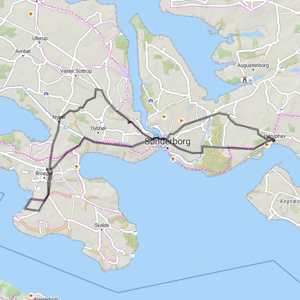 Map miniature of "Sønderborg and Broager Loop" cycling inspiration in Syddanmark, Denmark. Generated by Tarmacs.app cycling route planner