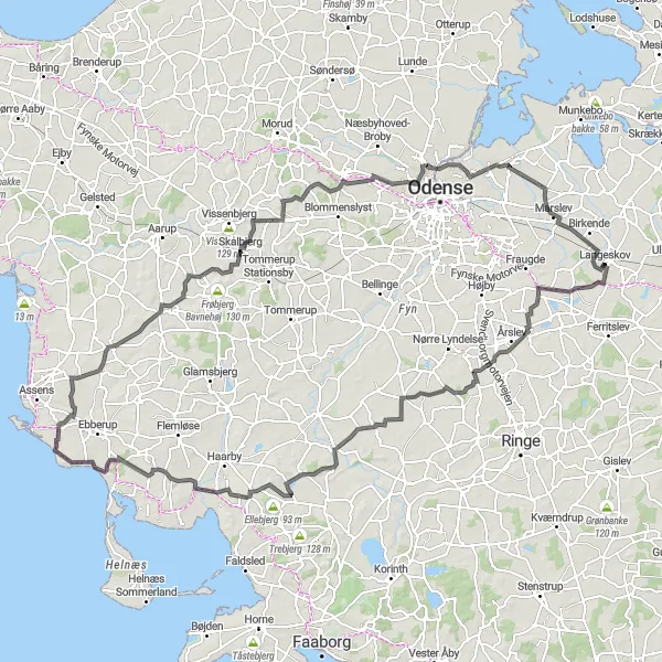 Map miniature of "Årslev and Birkende Adventure Ride" cycling inspiration in Syddanmark, Denmark. Generated by Tarmacs.app cycling route planner