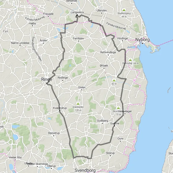 Map miniature of "The Hilly Adventure" cycling inspiration in Syddanmark, Denmark. Generated by Tarmacs.app cycling route planner