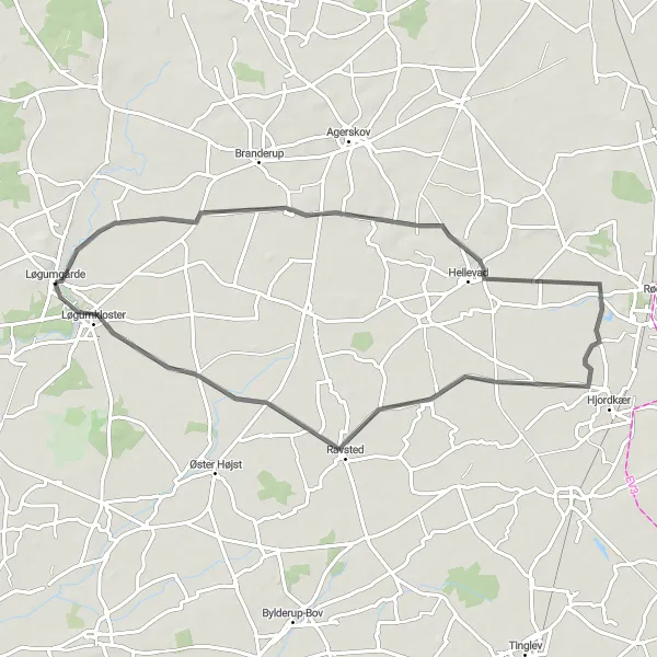 Map miniature of "Løgumkloster to Bovlund and back" cycling inspiration in Syddanmark, Denmark. Generated by Tarmacs.app cycling route planner