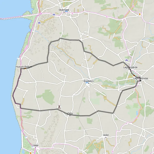 Map miniature of "Løgumkloster and the Coast" cycling inspiration in Syddanmark, Denmark. Generated by Tarmacs.app cycling route planner