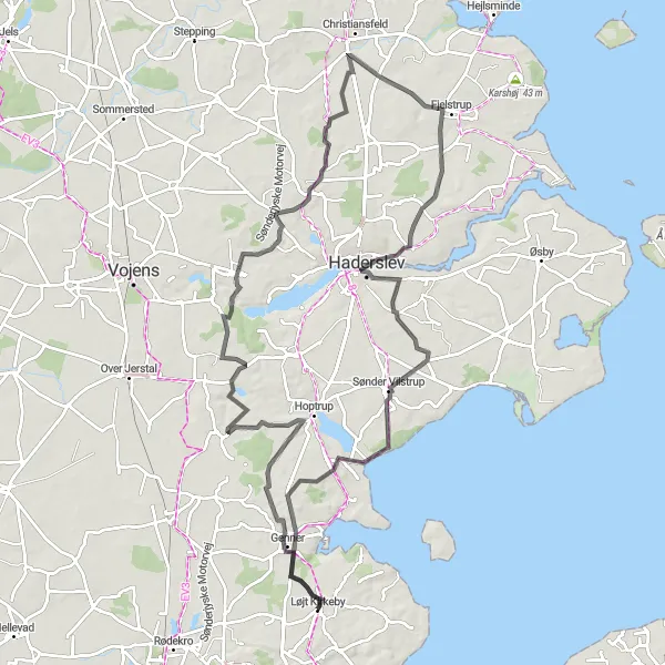 Map miniature of "Løjt Kirkeby to Haderslev Loop" cycling inspiration in Syddanmark, Denmark. Generated by Tarmacs.app cycling route planner