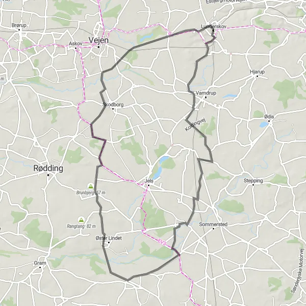 Map miniature of "Lunderskov Loop" cycling inspiration in Syddanmark, Denmark. Generated by Tarmacs.app cycling route planner