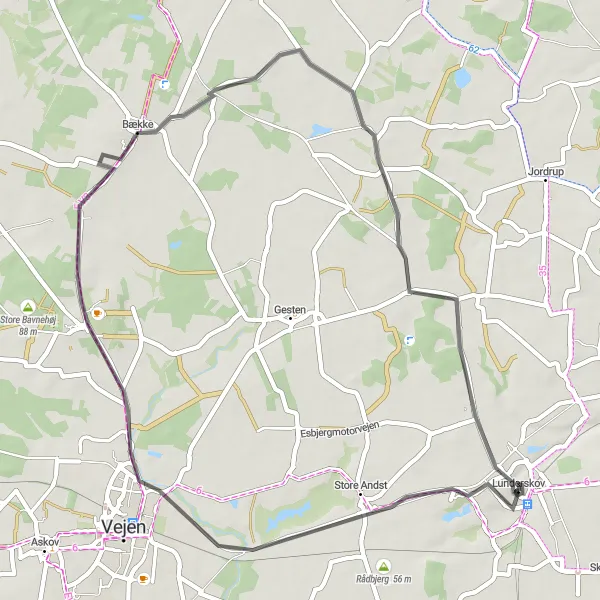 Map miniature of "Lunderskov Rundt" cycling inspiration in Syddanmark, Denmark. Generated by Tarmacs.app cycling route planner