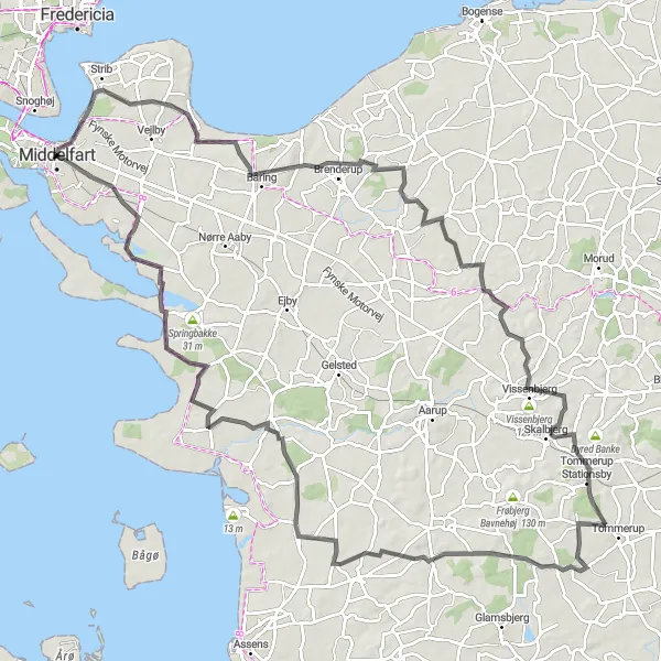 Map miniature of "Båring to Sjobjerg Road Cycling Route" cycling inspiration in Syddanmark, Denmark. Generated by Tarmacs.app cycling route planner