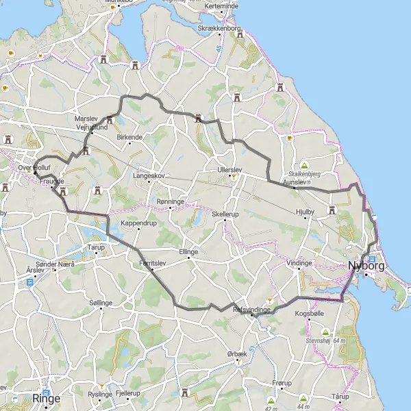 Map miniature of "Marslev to Nyborg Loop" cycling inspiration in Syddanmark, Denmark. Generated by Tarmacs.app cycling route planner
