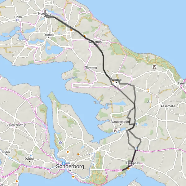 Map miniature of "Høruphav Coastal Ride" cycling inspiration in Syddanmark, Denmark. Generated by Tarmacs.app cycling route planner