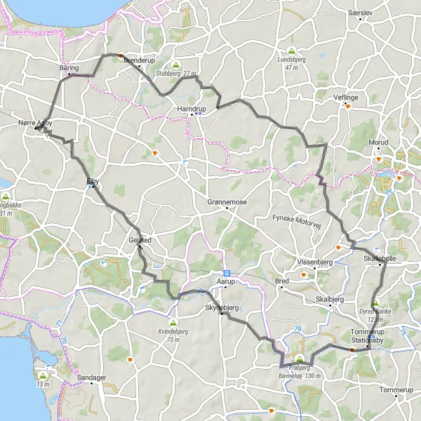 Map miniature of "Tommerup Delight" cycling inspiration in Syddanmark, Denmark. Generated by Tarmacs.app cycling route planner