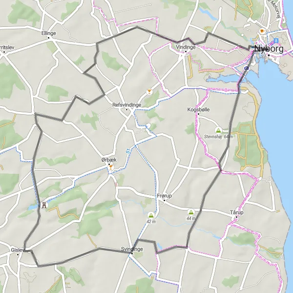 Map miniature of "The Nyborg Village Ride" cycling inspiration in Syddanmark, Denmark. Generated by Tarmacs.app cycling route planner