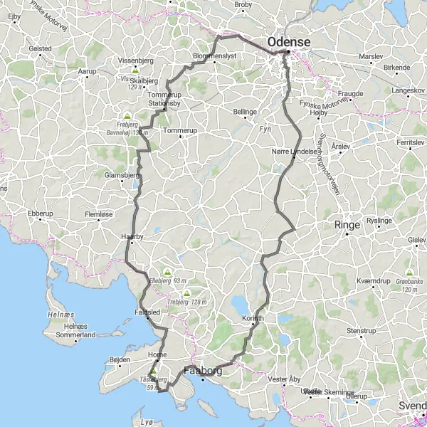 Map miniature of "The Funen Fairy Tale Route" cycling inspiration in Syddanmark, Denmark. Generated by Tarmacs.app cycling route planner