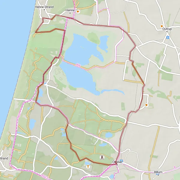 Map miniature of "Former Oksbøl Refugee Camp Gravel Route" cycling inspiration in Syddanmark, Denmark. Generated by Tarmacs.app cycling route planner
