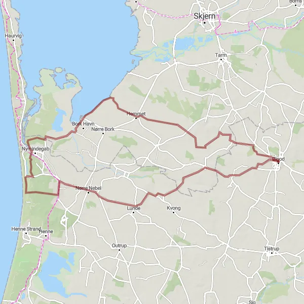 Map miniature of "Ølgod Nørre Nebel Gravel Adventure" cycling inspiration in Syddanmark, Denmark. Generated by Tarmacs.app cycling route planner