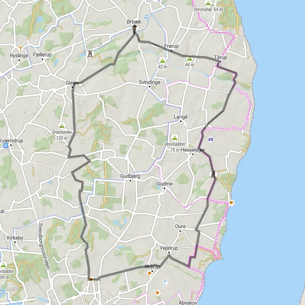Map miniature of "Frørup and Hesselagergård Road Biking Route" cycling inspiration in Syddanmark, Denmark. Generated by Tarmacs.app cycling route planner