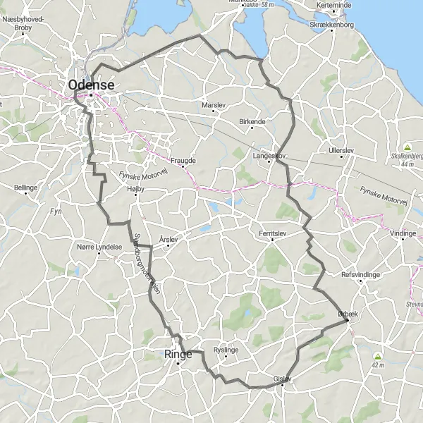 Map miniature of "Ringe and Hjallese Road Biking Route" cycling inspiration in Syddanmark, Denmark. Generated by Tarmacs.app cycling route planner