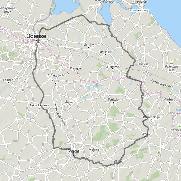Map miniature of "Ringe Sø and Hindehøj Road Biking Route" cycling inspiration in Syddanmark, Denmark. Generated by Tarmacs.app cycling route planner