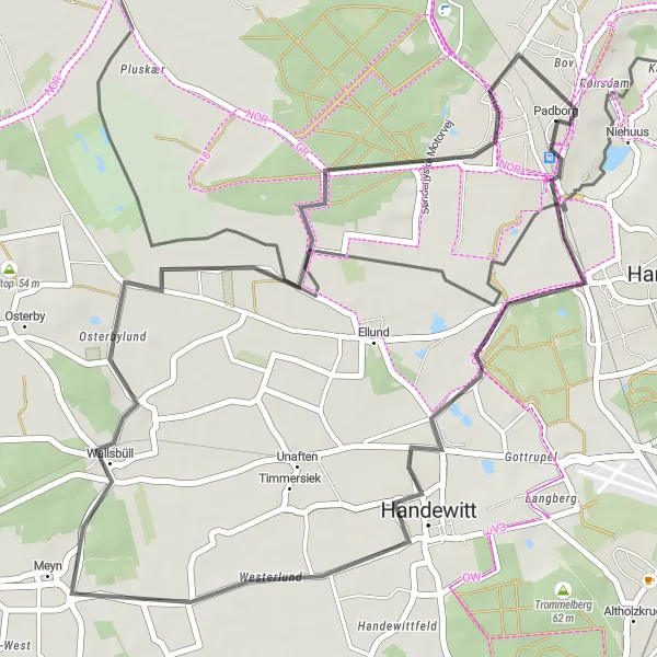 Map miniature of "Handewitt to Rønsdam Scenic Road Tour" cycling inspiration in Syddanmark, Denmark. Generated by Tarmacs.app cycling route planner