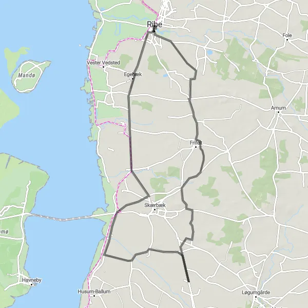 Map miniature of "Vodder to Ribe Circular Route" cycling inspiration in Syddanmark, Denmark. Generated by Tarmacs.app cycling route planner