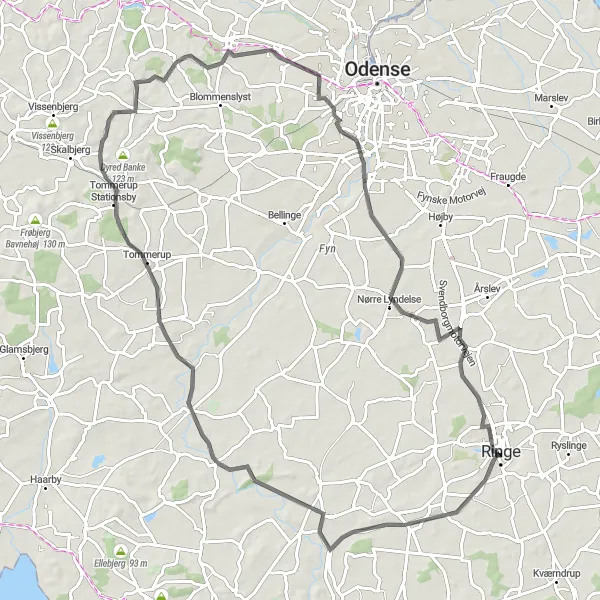 Map miniature of "The Great Loop of Ringe" cycling inspiration in Syddanmark, Denmark. Generated by Tarmacs.app cycling route planner