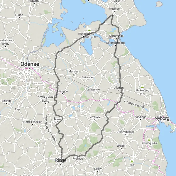 Map miniature of "Fyn's Rolling Hills" cycling inspiration in Syddanmark, Denmark. Generated by Tarmacs.app cycling route planner