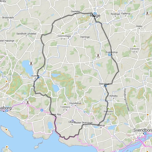 Map miniature of "Stenstrup and Korinth Loop" cycling inspiration in Syddanmark, Denmark. Generated by Tarmacs.app cycling route planner