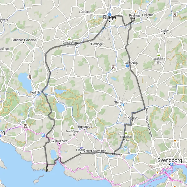 Map miniature of "The Rhythmic Ryslinge Road Ride" cycling inspiration in Syddanmark, Denmark. Generated by Tarmacs.app cycling route planner