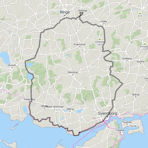 Map miniature of "Svendborg Adventure" cycling inspiration in Syddanmark, Denmark. Generated by Tarmacs.app cycling route planner