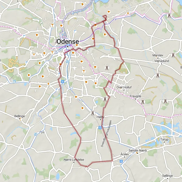 Map miniature of "Sneglehøjen-Nørre Lyndelse-Odense" cycling inspiration in Syddanmark, Denmark. Generated by Tarmacs.app cycling route planner