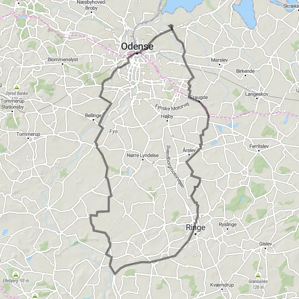 Map miniature of "Årslev-Ringe-Køllenbjerg-Odense" cycling inspiration in Syddanmark, Denmark. Generated by Tarmacs.app cycling route planner