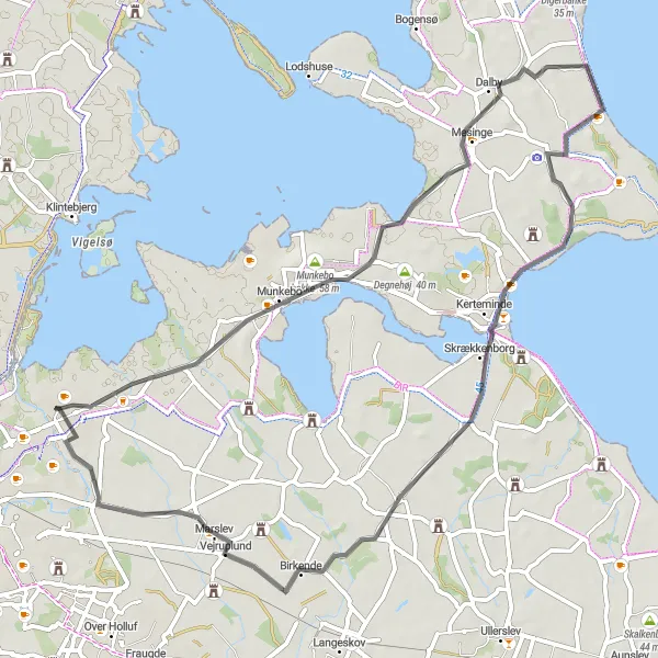 Map miniature of "The Munkebo Circuit" cycling inspiration in Syddanmark, Denmark. Generated by Tarmacs.app cycling route planner